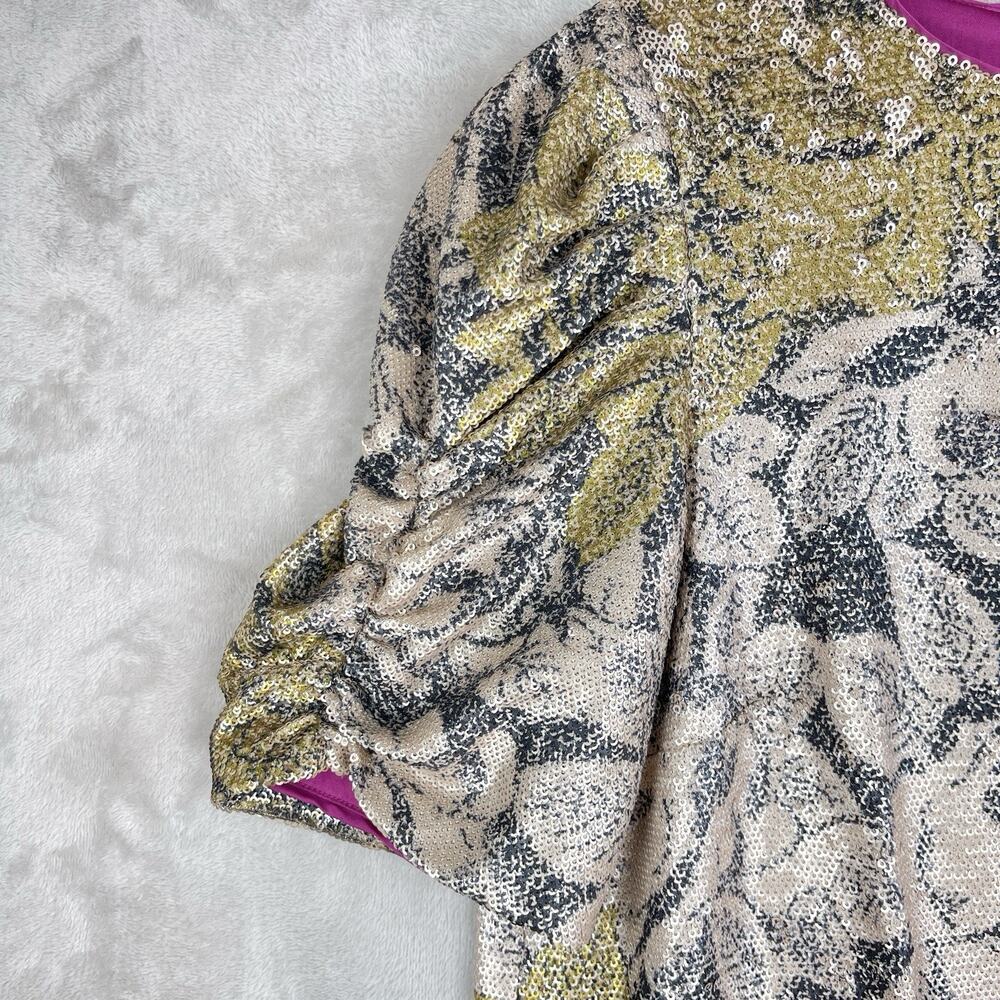 Anthropologie Marie Floral Sequin Top Pink Size 2 Puff Slve Night Luxe Coquette - Picture 4 of 14